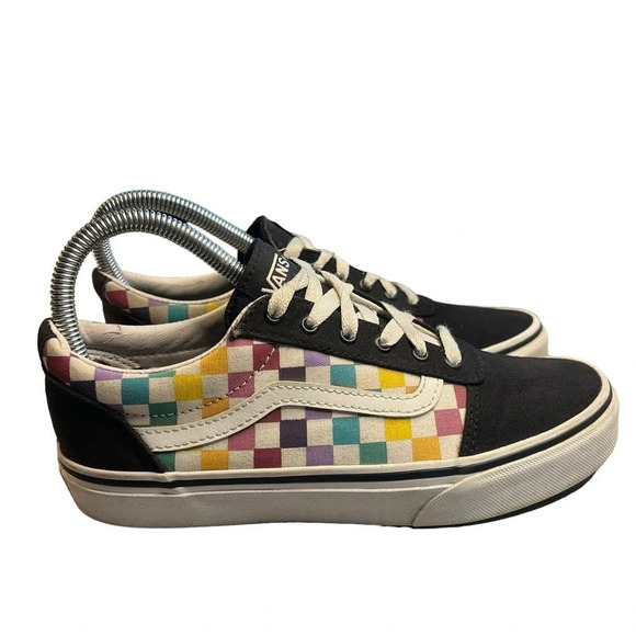 Vans Old Skool Rainbow Checkerboard Girl’s Missy 4 Sneakers Canvas Suede Low Top - Picture 7 of 9